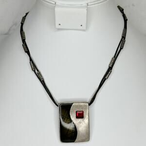 Chico's Vintage Silver Tone Modernist Pendant Necklace Red Rhinestone ✨